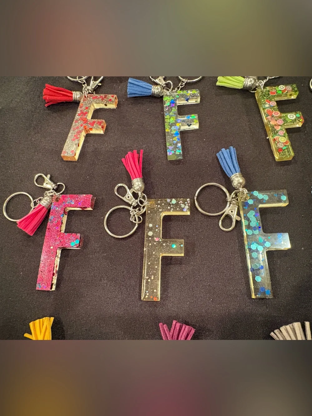 Letter F Glitter Resin Keychain with Tassel